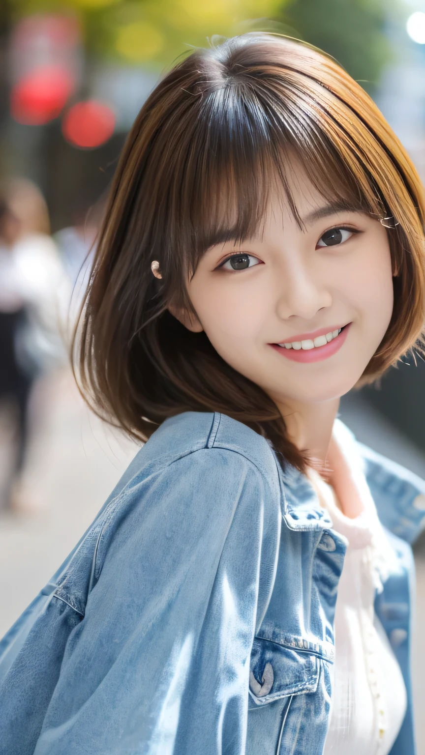 Cute 21 year old Japanese、city、shopping、Highly detailed face、Pay attention to the details、double eyelid、Beautiful thin nose、Sharp focus:1.2、Beautiful woman:1.4、(Light brown hair,short hair、),Pure white skin、Highest quality、masterpiece、Ultra-high resolution、(Realistic:1.4)、Highly detailed and professional lighting、nice smile、Please show me your whole body、Cute Spring Clothes、