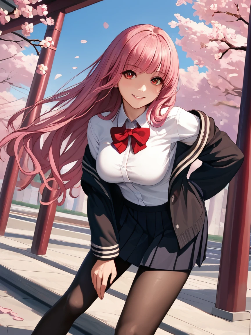core_9,score_8_up,score_7_up,score_6_up, source_anime BREAK solo,best quality,highly detailed,ultra-high resolution,32K UHD,sharp focus,best-quality,masterpiece, Emotionalization,golden hour,unconventional supreme masterpiece,masterful details,temperate atmosphere,with a high-end texture,in the style of fashion photography,dynamic angle,dynamic posture, 1girl, shinjou akane, pantyhose, solo, cherry blossoms, skirt, jacket, off shoulder, smile, shirt, pink hair, bow, school uniform, black pantyhose, white shirt, red eyes, leaning forward, collared shirt, black skirt, bowtie, long hair, bangs, pleated skirt, long sleeves, breasts