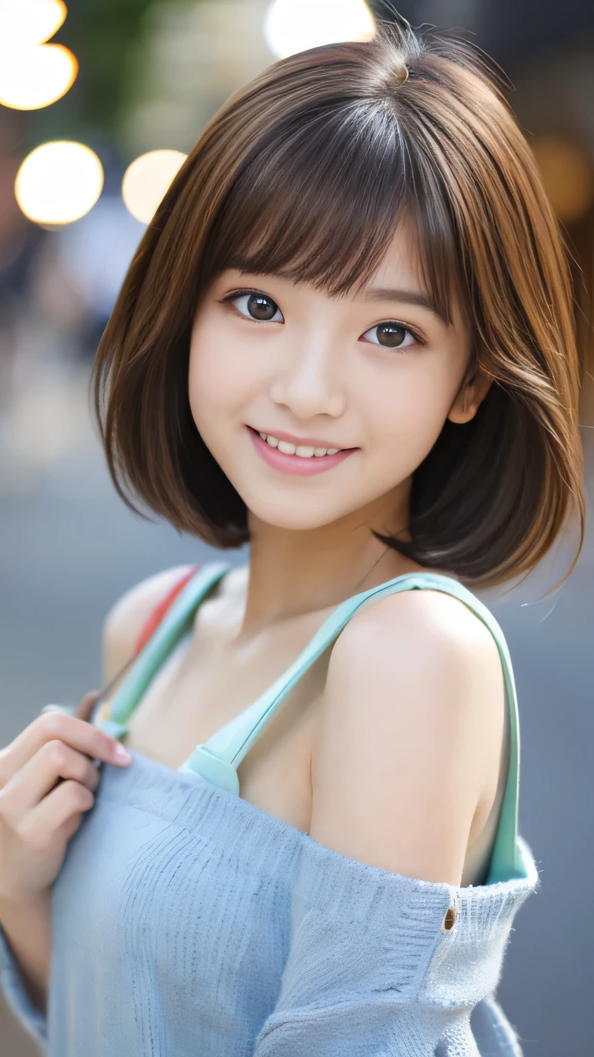 Cute 21 year old Japanese、city、shopping、Highly detailed face、Pay attention to the details、double eyelid、Beautiful thin nose、Sharp focus:1.2、Beautiful woman:1.4、(Light brown hair,short hair、),Pure white skin、Highest quality、masterpiece、Ultra-high resolution、(Realistic:1.4)、Highly detailed and professional lighting、nice smile、Please show me your whole body、Cute Spring Clothes、