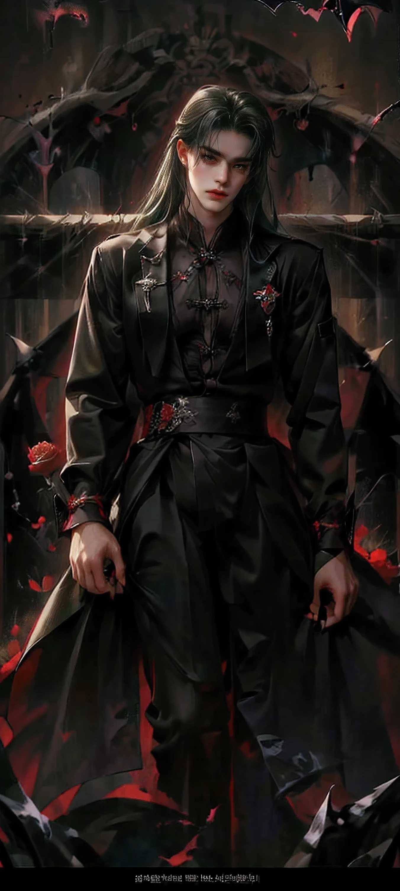 ((4K works))、masterpiece、(top-quality)、((high-level image quality))、((One beautiful vampire man))、((Vampire Black Y-Shirt Fashion))、(Detailed beautiful eyes)、((Red roses and crows on fantastic black background))、Inside the Evil Castle、((blue long haired man))、(((green hair)))、((Smaller face))、((Neutral face))、((Red Eyes))、((Korean Male))、((18year old))、((wild boy))、((Korean makeup with black eyeshadow))、((elongated and sharp eyes))、(((Shot alone)))、((Vampires))、Vampire Photos、Villain、Dark Proof、((Looking at Viewer))、Vampire Pose、King of Fallen Angels
