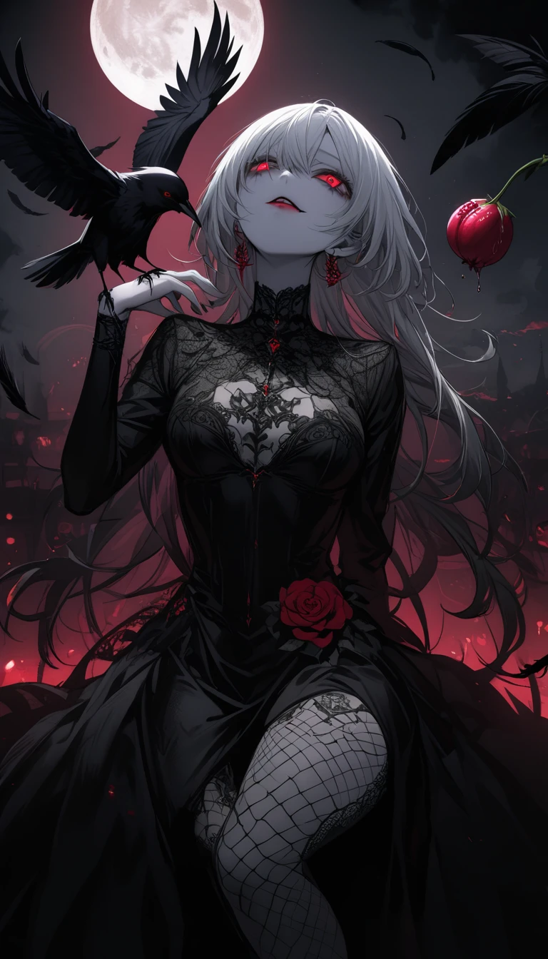 (Dark and scary atmosphere,Gothic Fashion,Dark colors),(Highest quality,Super exquisite item),Very sexy vampire girl,In a rose garden in full bloom on a red full moon night,Beautiful and delicate eyes,Beautiful black straight ponytail,Crow's feathers,Red lipstick,A mysterious and seductive smile,Pale skin,Fishnet tights,Monochrome lace dress,Captivating pose,The moonlight illuminates her silhouette,shadows and highlights,Create a calm and lively atmosphere,Lighting effects to make her look beautiful,A fantastic background created by darkness and moonlight,She is tall and looks like both an adult and a .,A crow is flying,Crow's feathersが舞う,Looking up, biting into a pomegranate,Pomegranate juice dripping,The left eyeball is black sclera
