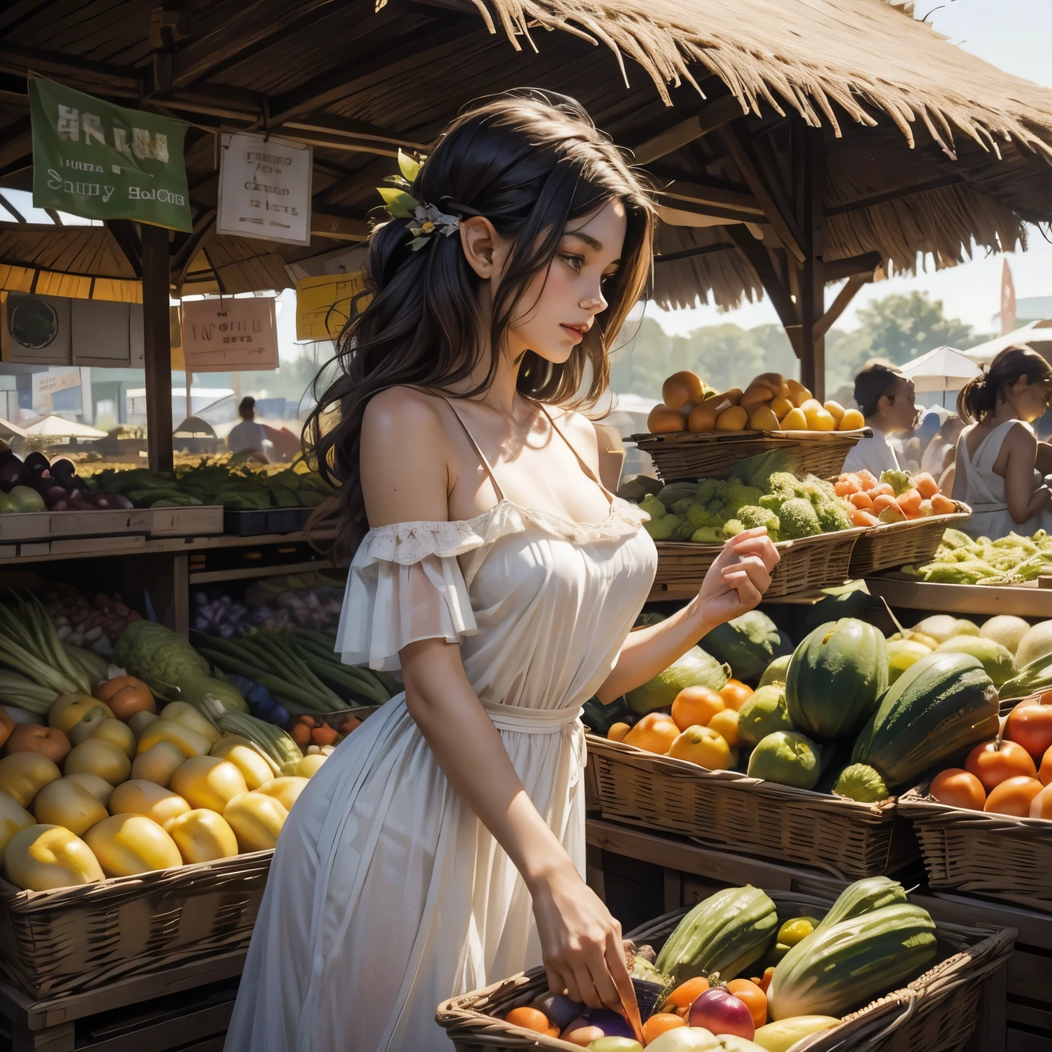 Description: 1 elf girl at the Harvest Festival market, choosing phallic-shaped vegetables for herself.
Background: Harvest Festival market with many stalls selling vegetables, fruits, and other goods. People are enjoying the festival, the atmosphere is cheerful and lively.
Clothing: transparent white sundress, worn on a naked body, without underwear. Thin straps, deep neckline, open shoulders. Hair is loose, flowing over her shoulders.
Vegetables: Cucumbers, carrots, zucchinis, zucchinis, eggplants, corn, and other phallic-shaped vegetables.
Image: Eho at the vegetable stall
Pose: Eho stands at a stall with phallic-shaped vegetables, choosing something for herself. Her facial expression shows unbearable desire, she is biting her lip sexually. One hand is on her lower abdomen, the other is running over the vegetables, checking their texture.
Camera: Side view, to show Eho's facial expression and the vegetable stall.
Tags: selecting, phallic vegetables, aroused, elf girl, sheer dress, nipples visible, hand on stomach 