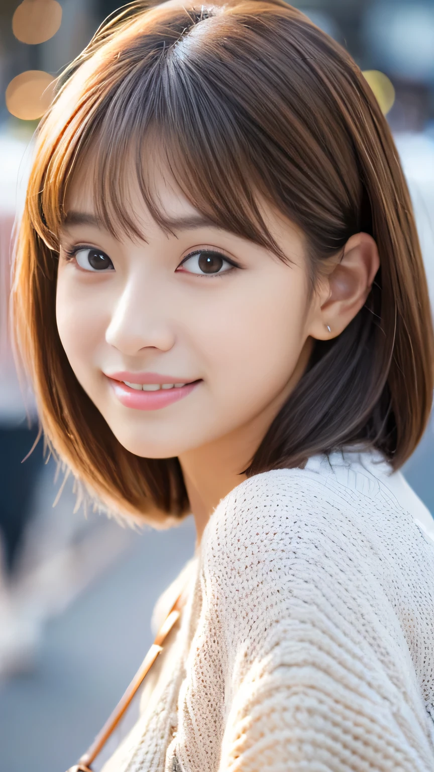Cute 21 year old Japanese、city、shopping、Highly detailed face、Pay attention to the details、double eyelid、Beautiful thin nose、Sharp focus:1.2、Beautiful woman:1.4、(Light brown hair,short hair、),Pure white skin、Highest quality、masterpiece、Ultra-high resolution、(Realistic:1.4)、Highly detailed and professional lighting、nice smile、Please show me your whole body、Cute Spring Clothes、