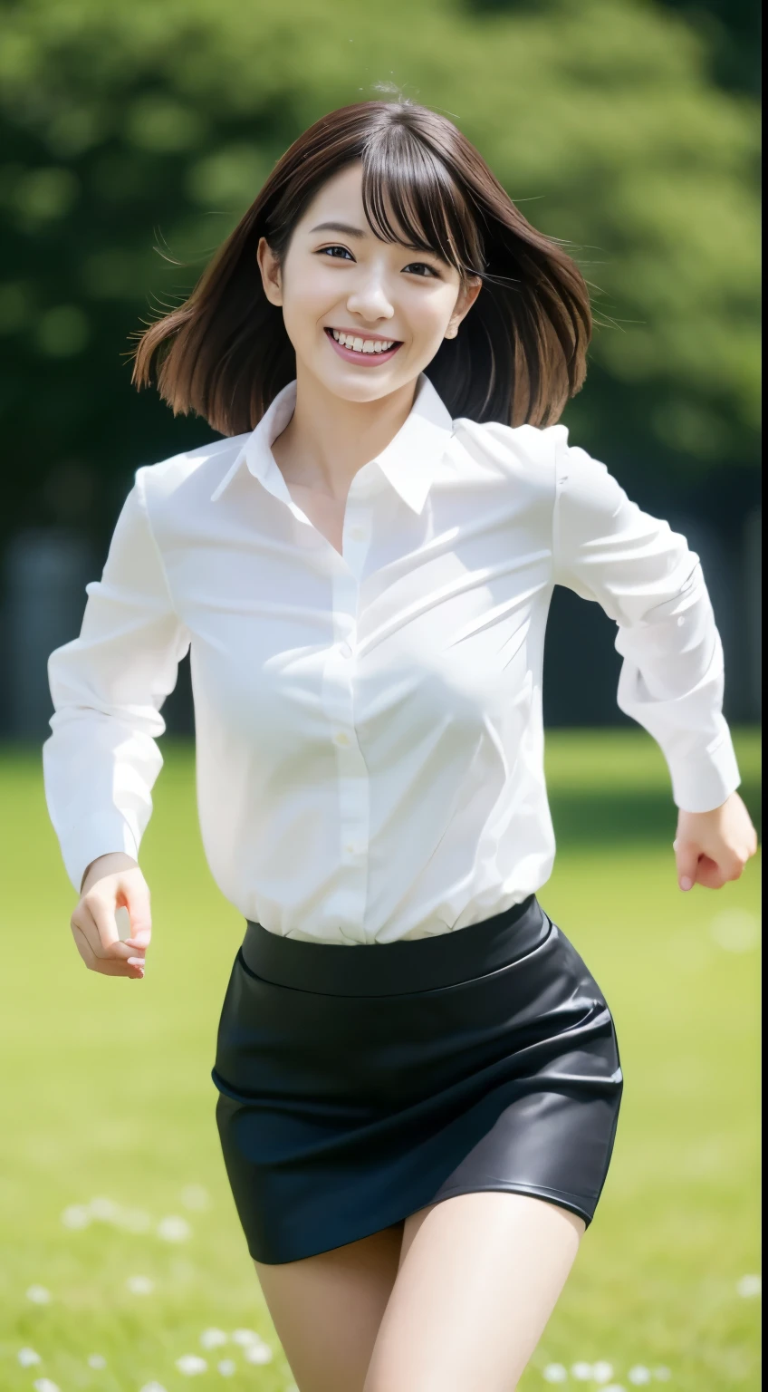 Attractive lonely woman in white collar shirt and tight skirt in the city、Japanese、1 person、Young and cute gravure idol, photographrealistic: 1.5、Japanese, droopy eyes: 1.3, perfect proportions, portrait, , ((real skin)) 短いスカート、
Smiling face、Running towards me、Flower field background、パンティが見える、
