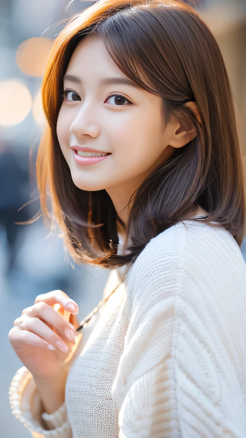 Cute 21 year old Japanese、city、shopping、Highly detailed face、Pay attention to the details、double eyelid、Beautiful thin nose、Sharp focus:1.2、Beautiful woman:1.4、(Light brown hair,short hair、),Pure white skin、Highest quality、masterpiece、Ultra-high resolution、(Realistic:1.4)、Highly detailed and professional lighting、nice smile、Please show me your whole body、Cute Spring Clothes、