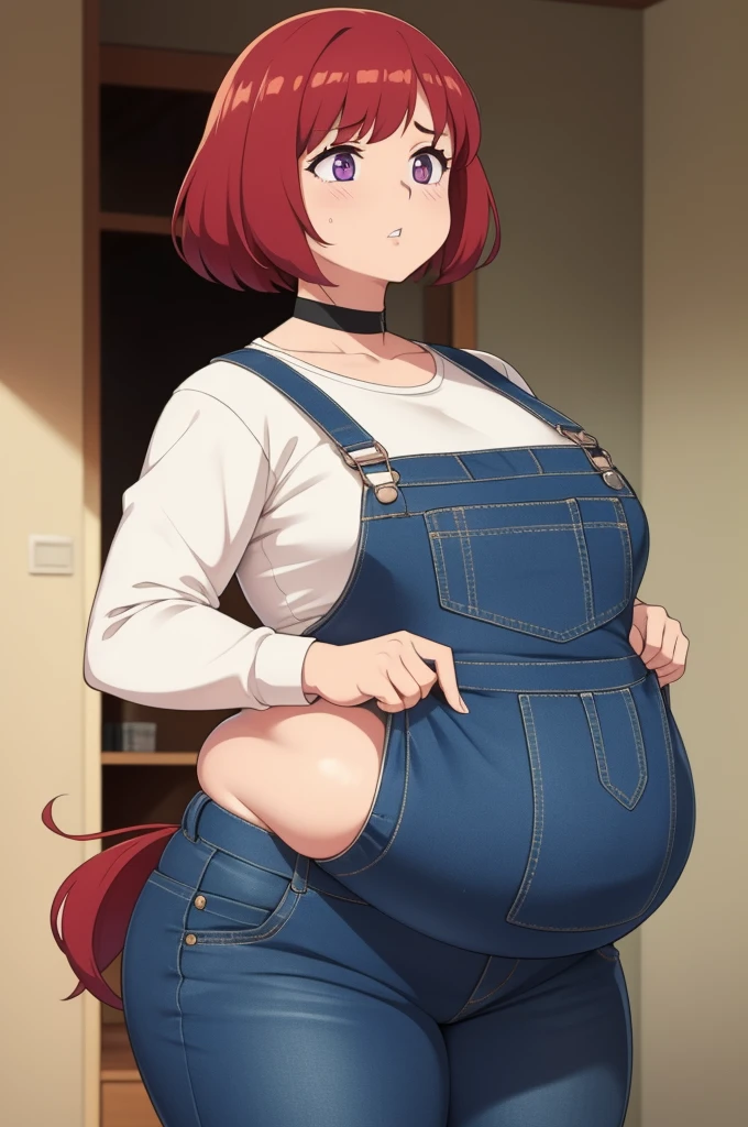 Holding belly, hands on belly, outgrown clothes, (Surprised:1.1), (Surprised face:1.1)Pale skin, (Obese:1.1),fat, Slightly chubby, shocked, farm backround, upper body, looking at viewer, 1girl, solo, short red hair, (dark blue choker), (dark blue denim overalls), (purple eyes), (pink boots), (white shoulder lantern sleeve blouse, tucked in pants, spiral pig tail from lower back, pig woman, light pig features, humanoid pig