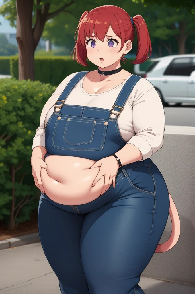 Holding belly, hands on belly, outgrown clothes, (Surprised:1.1), (Surprised face:1.1)Pale skin, (Obese:1.1),fat, Slightly chubby, shocked, farm backround, upper body, looking at viewer, 1girl, solo, short red hair, (dark blue choker), (dark blue denim overalls), (purple eyes), (pink boots), (white shoulder lantern sleeve blouse, tucked in pants, spiral pig tail from lower back, pig woman, light pig features, humanoid pig