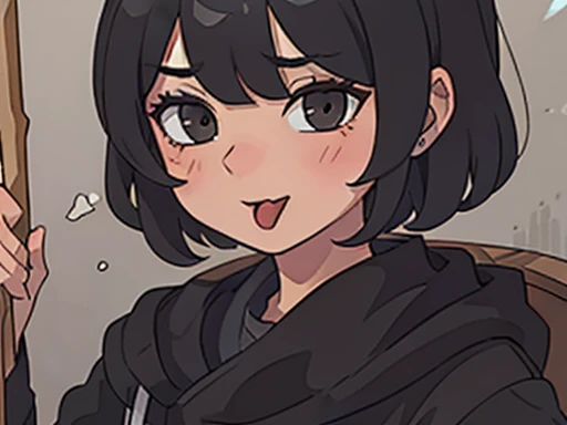 A girl,Black short hair,Very arrogant,Naughty,Stick out your tongue,blush