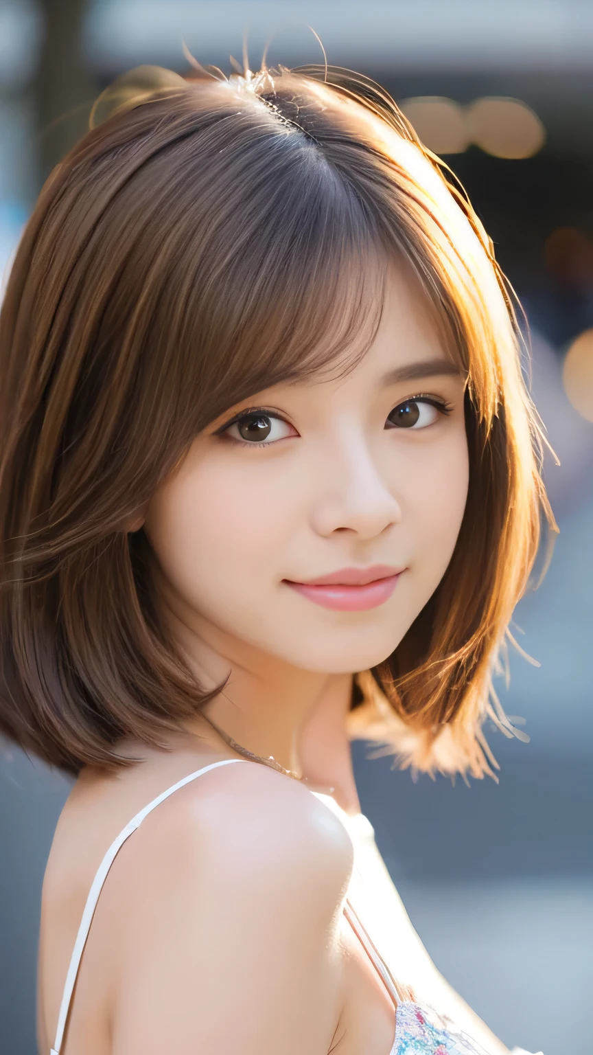 Cute 21 year old Japanese、city、shopping、Highly detailed face、Pay attention to the details、double eyelid、Beautiful thin nose、Sharp focus:1.2、Beautiful woman:1.4、(Light brown hair,short hair、),Pure white skin、Highest quality、masterpiece、Ultra-high resolution、(Realistic:1.4)、Highly detailed and professional lighting、nice smile、Please show me your whole body、Cute Spring Clothes、