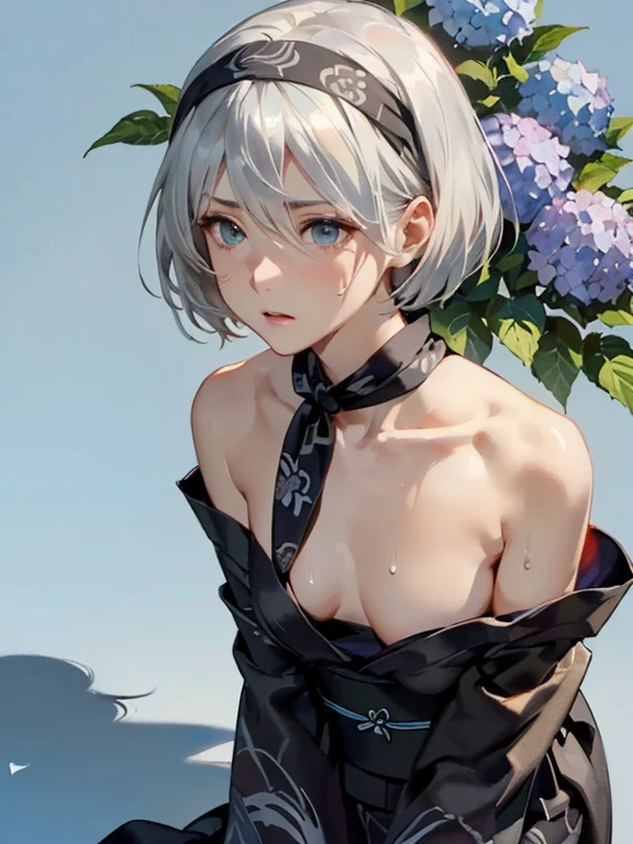 {(erotic face,anguish,(painful:1.1),(very very ecstasy:1.2),(writhing:1.4),embarrassing):1.2},BREAK{(anime screencap:1),(japanese anime style:1.2),(watercolor image:1.2),sketch,overall light color},{(simple configuration:1.1),(look away:1.2)},{(simple light_blue background:1.4),(hydrangea:1.2),(shadow on background:1.4)},BREAK,{(fower pattern on black yukata:1.4),(Show shoulders:1.5)},BREAK,{(thigh:1.2),(sweat on the neck:1.2)},{(solo, YoRHa type of Nier Automa):1.2, (white_silver colored hair:1.4), short cut hair, (blue glowing eyes:1,5),(black bandana:1.5)},{(masterpiece,best quality, 8K UHD, extremely detailed CG, detailed beautiful face and eyes and skin and hair)