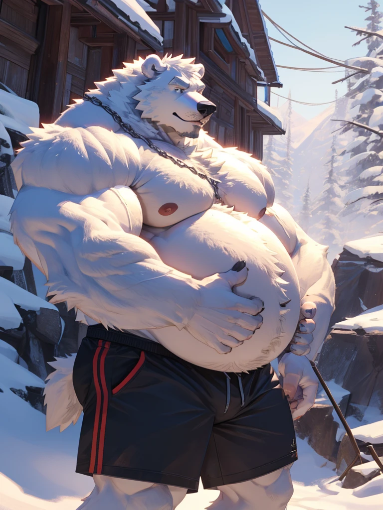 1boy, 1man, solo, (furry polar bear), (topless, shirtless, shorts), well-muscled old man, bearded, snowy mountain. ((chubby, fat belly, huge belly, massive belly, extremely huge muscular, massive muscular, extremely muscle size, super thick arms, huge pec, hyper pec, bigger chest, extremely wide pectoral , huge arms)), wide smiling. Add textures and details to make the image more realistic, such as the appearance of the. Make sure the resulting image is high resolution, 8K quality