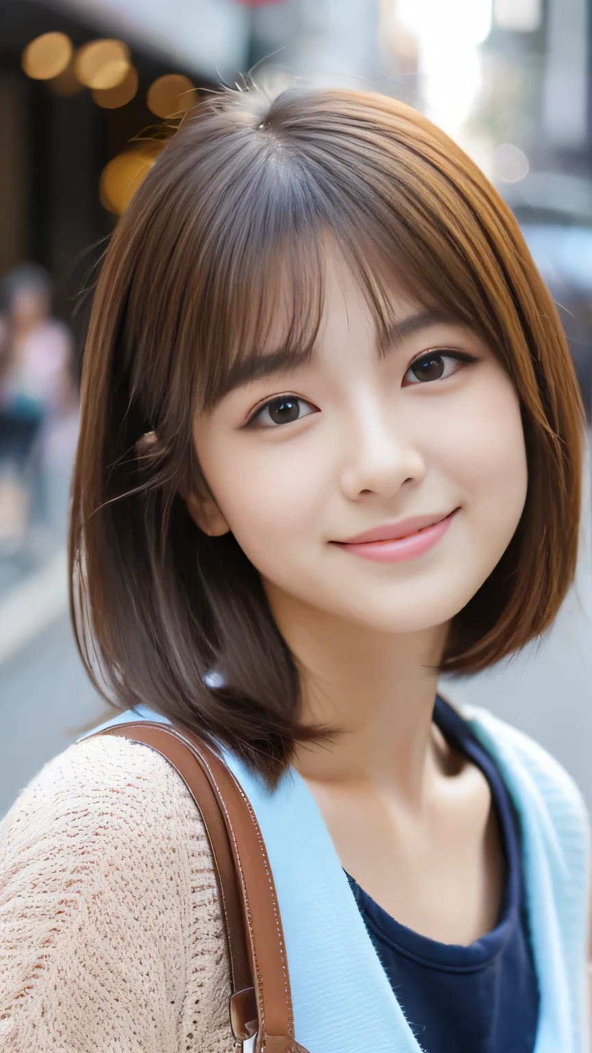 Cute 21 year old Japanese、city、shopping、Highly detailed face、Pay attention to the details、double eyelid、Beautiful thin nose、Sharp focus:1.2、Beautiful woman:1.4、(Light brown hair,short hair、),Pure white skin、Highest quality、masterpiece、Ultra-high resolution、(Realistic:1.4)、Highly detailed and professional lighting、nice smile、Please show me your whole body、Cute Spring Clothes、