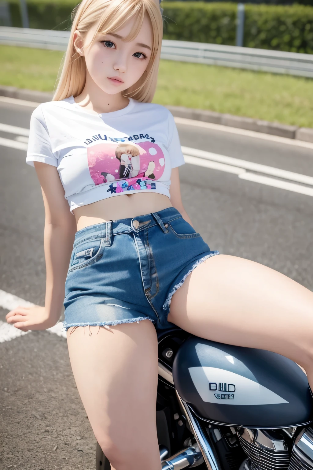 Highest quality、8k、18 year old girl、Blonde gal、Cute like an idol、Short denim、、Biker Girl、T-Shirts、Riding a motorcycle、Plump thighs、Black knee-high socks、From before、Bend your knees