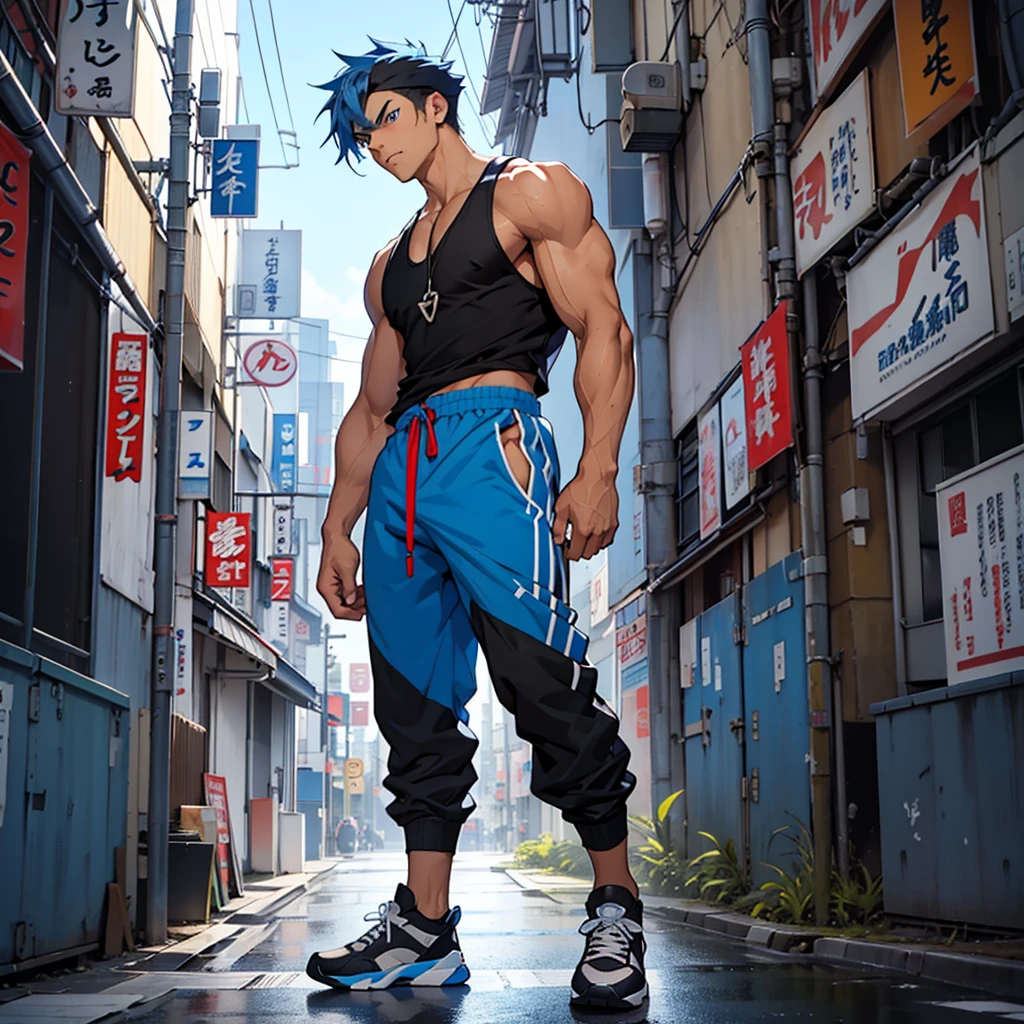 17 year old boy, 1.60 cm tall, bright blue eyes, long bright blue hair, Big and muscular , Tokyo Manji gang style and long face., animated fighter, dressed in a blue tank top, black long pants. Black sports sneakers. full body character.
