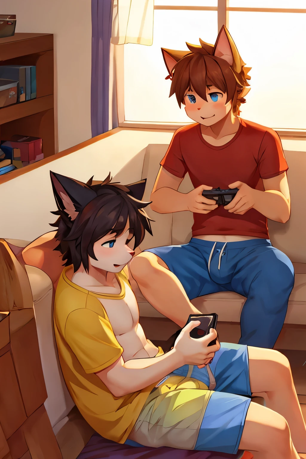 Two cat boys playing videogames. They both only in underpants. It's hot outside. 