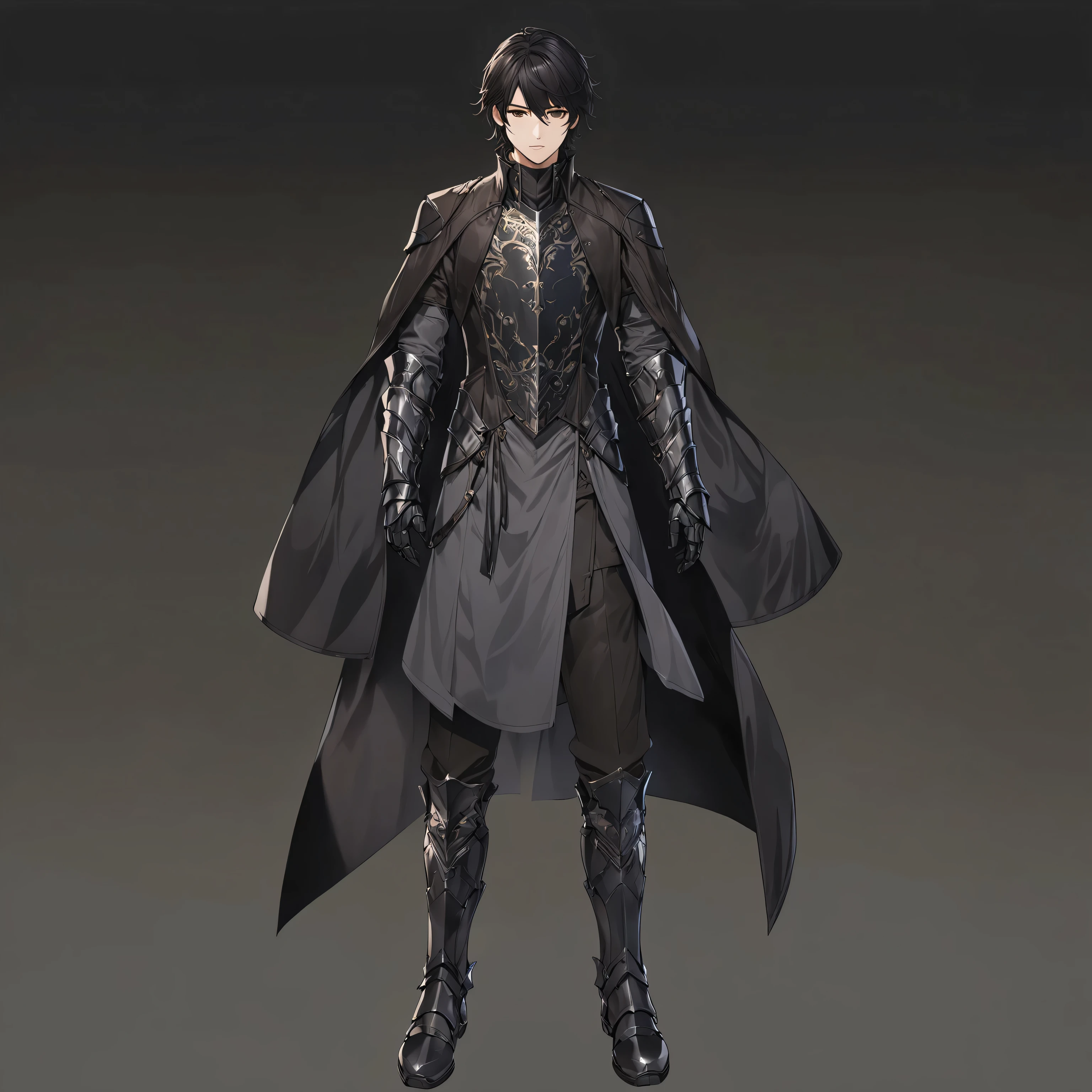 masterpiece, best quality, good quality, Highly detailed, shadowverse style, male, dark black hair, dark brown eyes. armored, elven aesthetic, overcoat, leather jacket overcoat, adult. leg on the ground, dark armored greaves. dark armored gauntlet, dark gray colored clothes