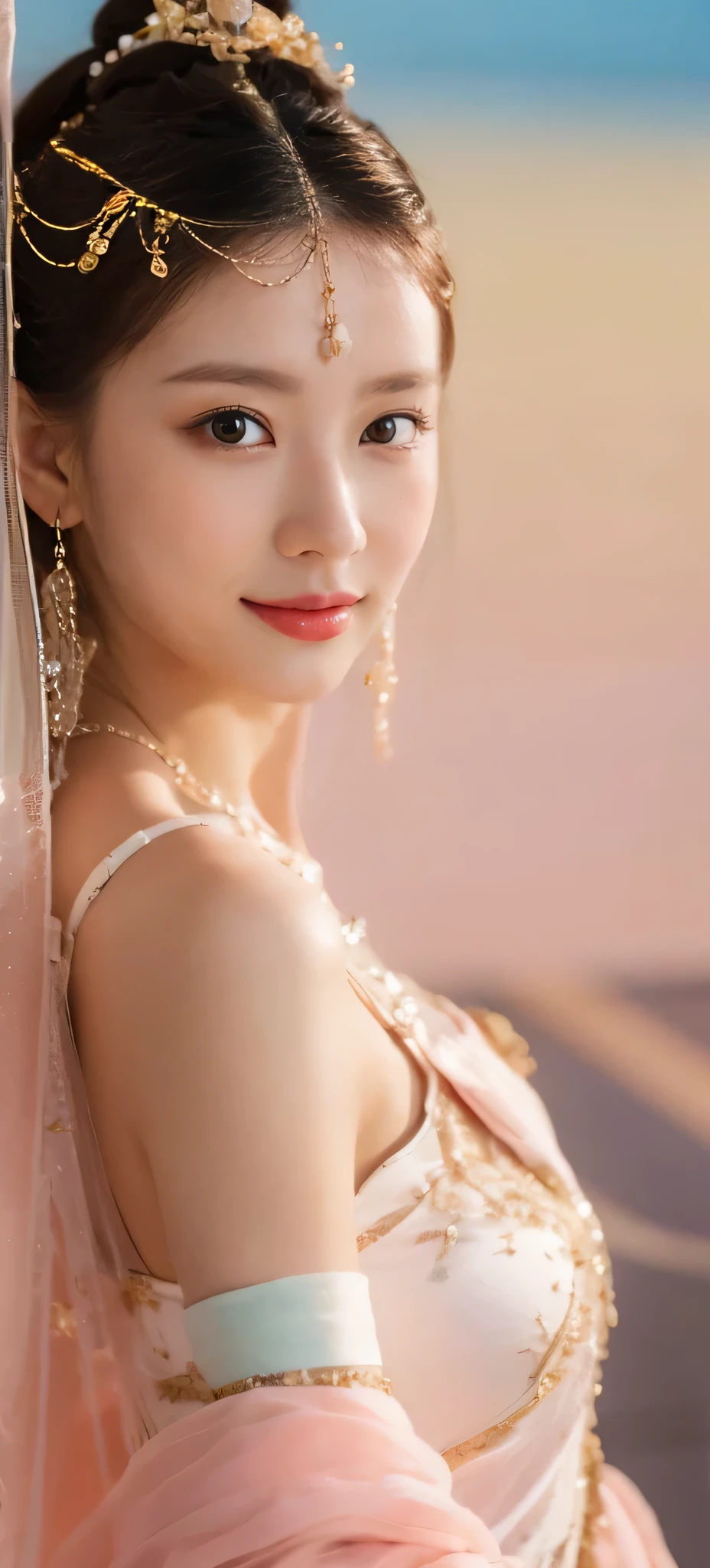 ((masterpiece, Top image quality, high resolution、solitary、Radiant Skin))(on the table, best quality, Practical, Very detailed, meticulous, high resolution, 8k wallpaper), Close-up portrait of a beautiful woman, like, Smile, Light brown messy hair, Perfect dynamic composition, Beautiful and meticulous eyes, Like the cover of a fashion magazine, On Campus