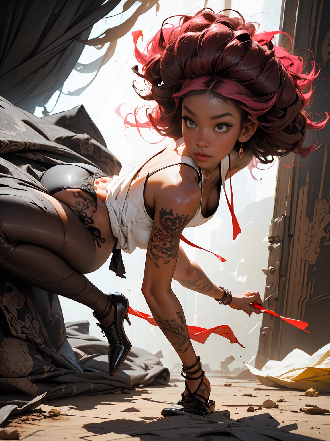 ((21-year-old))) black girl, (((very dark african skin))), (((close up pov full body portrait, sexy seductive slutty pose:1.2))), ((accentuated huge lifted butt, arching her back))), (((very long wavy curly pink hair))), (((wearing white tank top and lace panties, tons of tattoos and piercings))), lots of african tribal tattoo sleeves, dark fantasy art, post apocalyptic art, Rich, Deep Colours, (intricate details:0.9), (HDR, hyper-detailing:1.2), (natural dark african skin textures, hyper realisitc, anime realistic, light, Sharp), luxurious living room background 