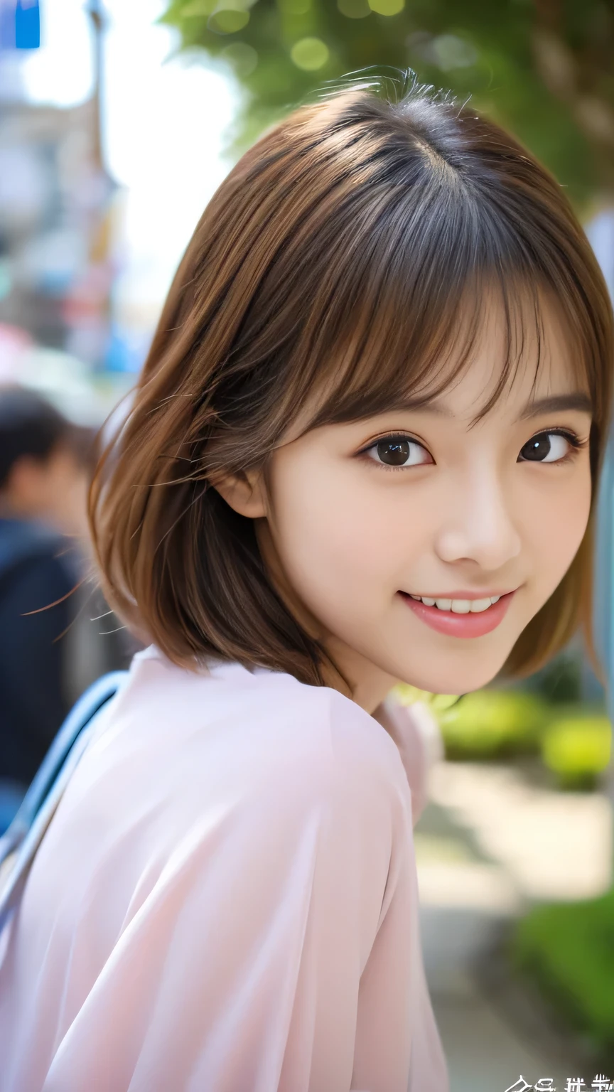 Cute 21 year old Japanese、city、shopping、Highly detailed face、Pay attention to the details、double eyelid、Beautiful thin nose、Sharp focus:1.2、Beautiful woman:1.4、(Light brown hair,short hair、),Pure white skin、Highest quality、masterpiece、Ultra-high resolution、(Realistic:1.4)、Highly detailed and professional lighting、nice smile、Please show me your whole body、Cute Spring Clothes、