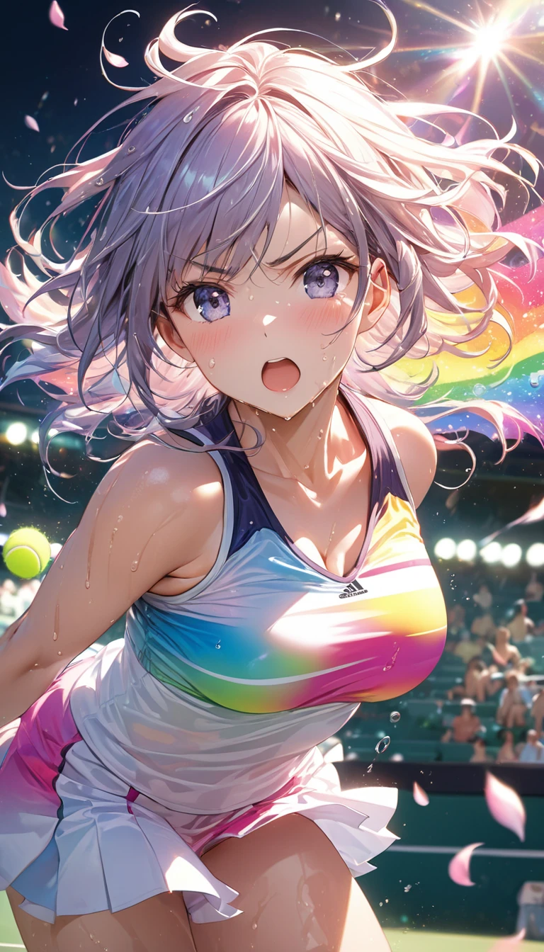 (Sports magazine cover photo), Highest quality, Great quality, 16K, Unbelievably absurd, Very detailed, delicate and dynamic, Natural light, The particles reflect light, Diffuse reflection of light, Many rainbow-colored petals fall, Beautiful field, Sparkling Sun, Diffuse reflection of light, Create amazing image effects, , Wet, sweating, Tennis, receive, Close-up(Cute sexy girl, big bouncing busts, Sensual expression, Cool girl, Serious, passion, Dynamic, Flashy tennis wear, ,audience , much-air-laden cheer)