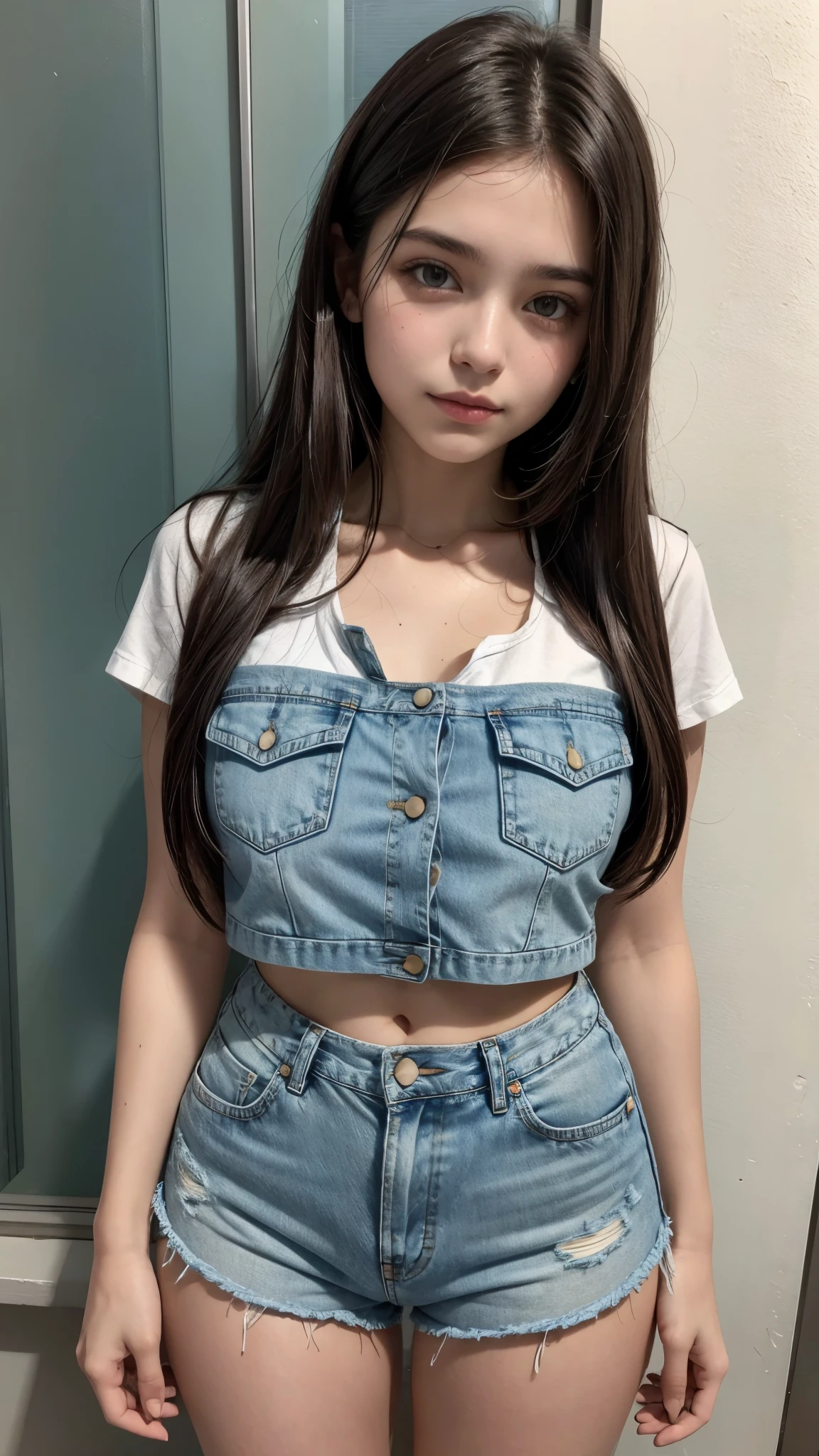 Beautiful 18-year-old brunette Brazilian girl wearing a short blouse and high-waisted denim shorts