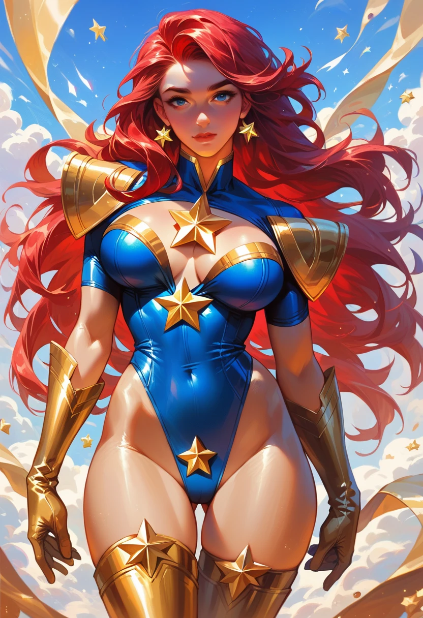 masterpiece, Sexy, Superheroine, Red hair, long hair, busty, ((blue highleg leotard with a t-back thong and a gold star insignia on chest)), gold boots, gold gloves,