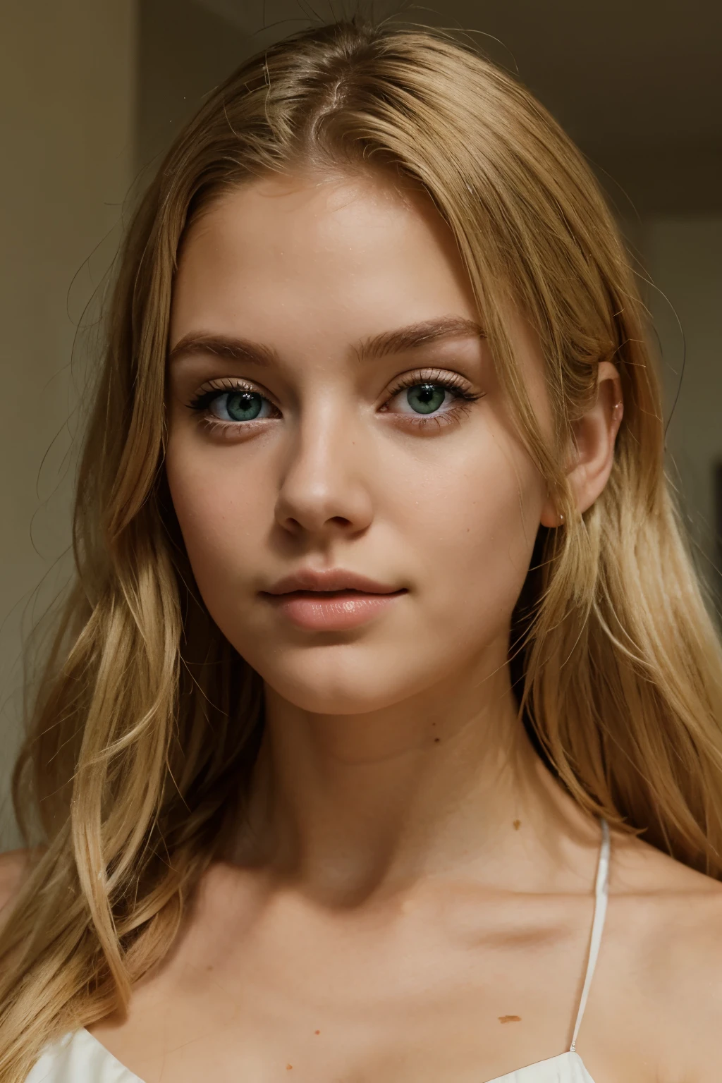 Created a young blonde woman of 20 years old with green eyes