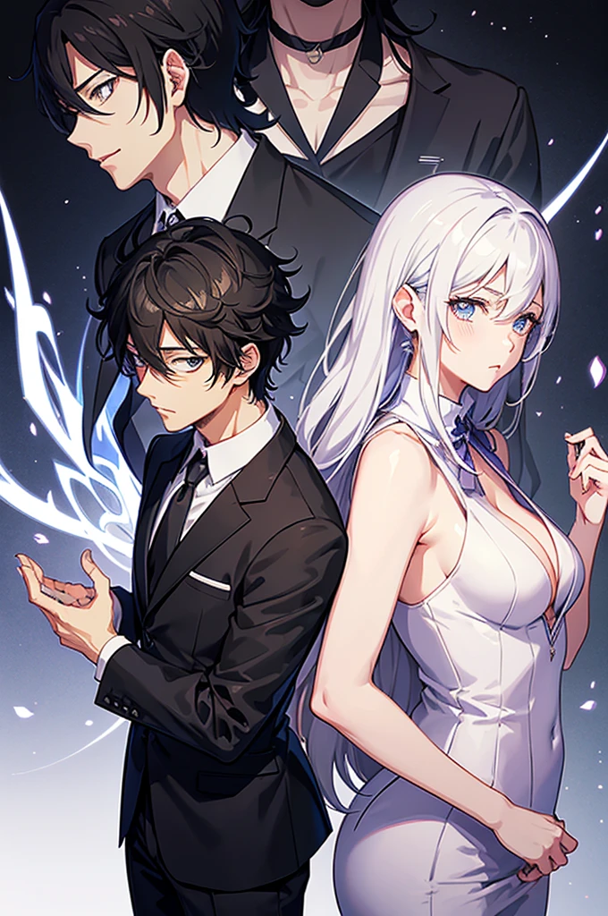 Anime image of a man in a suit and tie standing next to a woman., Inspired by Okumura Masanobu, Inspired by Okumura Tokyu, Hijikata Toshiro, As an anime character, Fukaya Yuichiro, Handsome boy anime, Tall anime guy with blue eyes., Hijikata Toshiro of gintama
