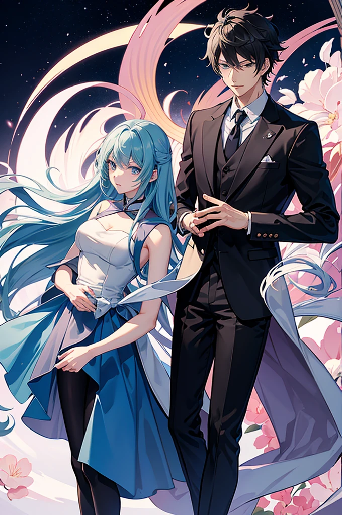 Anime image of a man in a suit and tie standing next to a woman., Inspired by Okumura Masanobu, Inspired by Okumura Tokyu, Hijikata Toshiro, As an anime character, Fukaya Yuichiro, Handsome boy anime, Tall anime guy with blue eyes., Hijikata Toshiro of gintama
