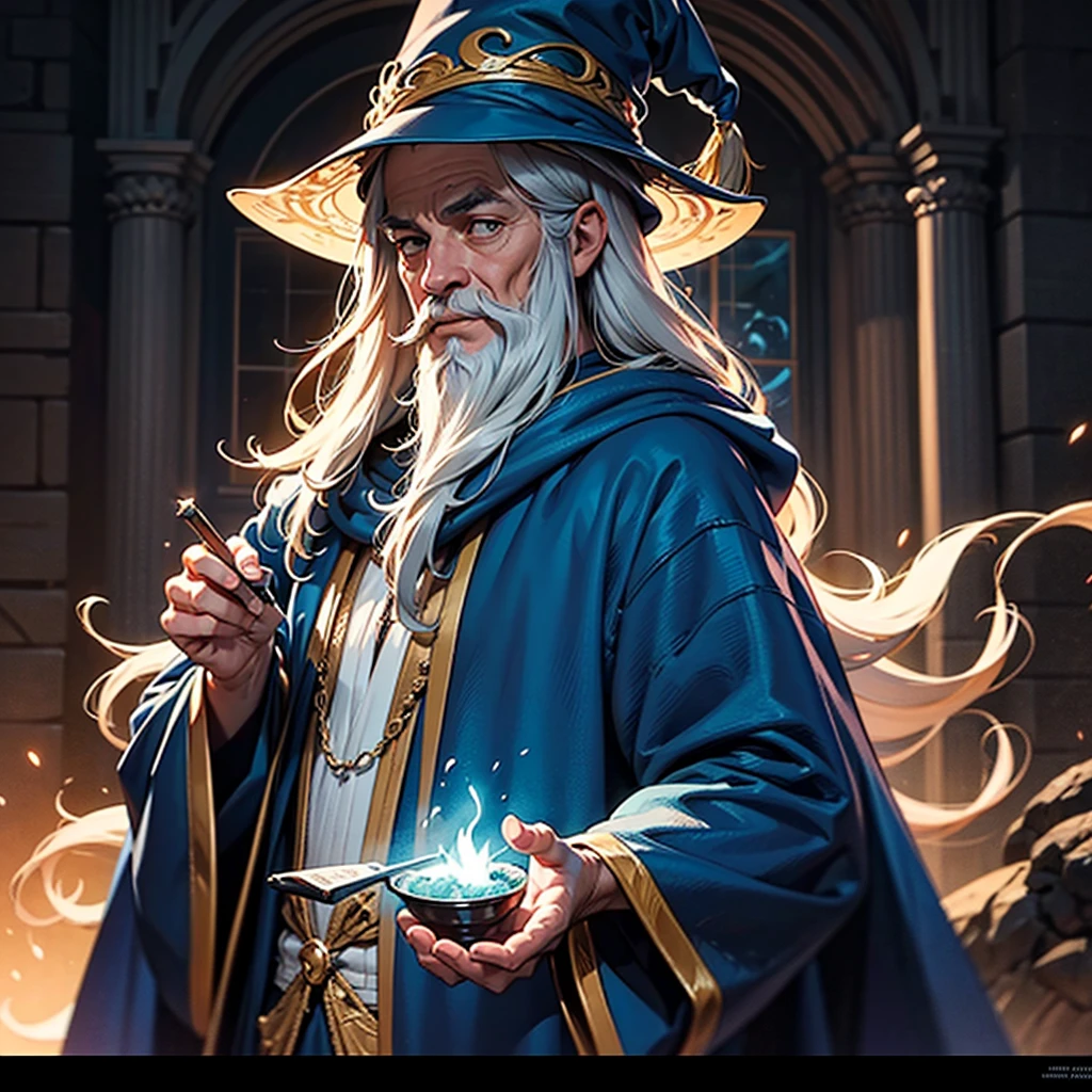 a cartoon wizard with a long beard and a hat, Gandalf-like, blue robes, spell casting, looking at camera, arms open, detailed facial features, intricate textures, vibrant colors, cinematic lighting, digital art, concept art style