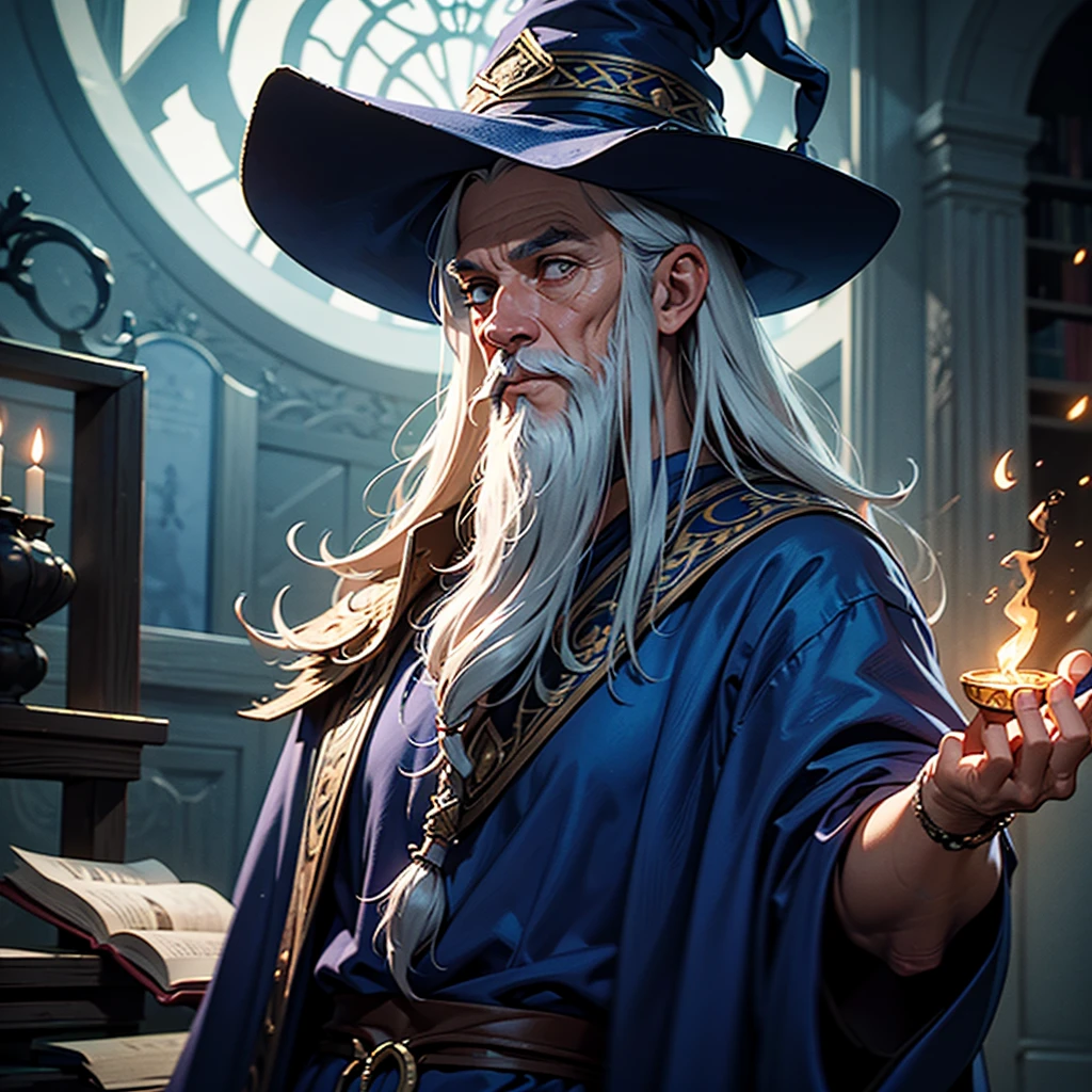 a cartoon wizard with a long beard and a hat, Gandalf-like, blue robes, spell casting, looking at camera, arms open, detailed facial features, intricate textures, vibrant colors, cinematic lighting, digital art, concept art style