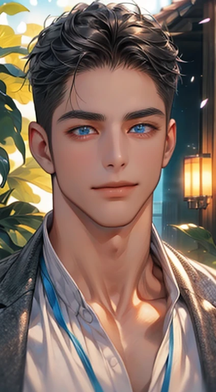 (best quality,4k,8k,highres,masterpiece:1.2),ultra-detailed,(realistic,photorealistic,photo-realistic:1.37),1 man,31 years old,mature man,very handsome,without expression,smile,short grey black hair,blue eyes,penetrating gaze,perfect face without errors,imposing posture,businessman,office background,cinematic lighting,hdr image