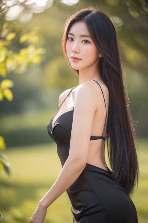 ((best quality, natural lighting, 8k, masterpiece :1.3)), a beautiful american born chinese with emphasis on slender abs: 1.3 (long hair, body beauty), only 1 face, wearing a beautiful black sexy dress
