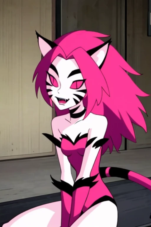 NyaNya,   1girl, solo, pink eyes, pink hair, pink skin, long hair, cat ears, pink sclera, cat tail, claws,  slit pupils, pink lips, whisker markings, fangs, bare shoulders, choker, bodysuit, room, sitting, best quality, masterpiece