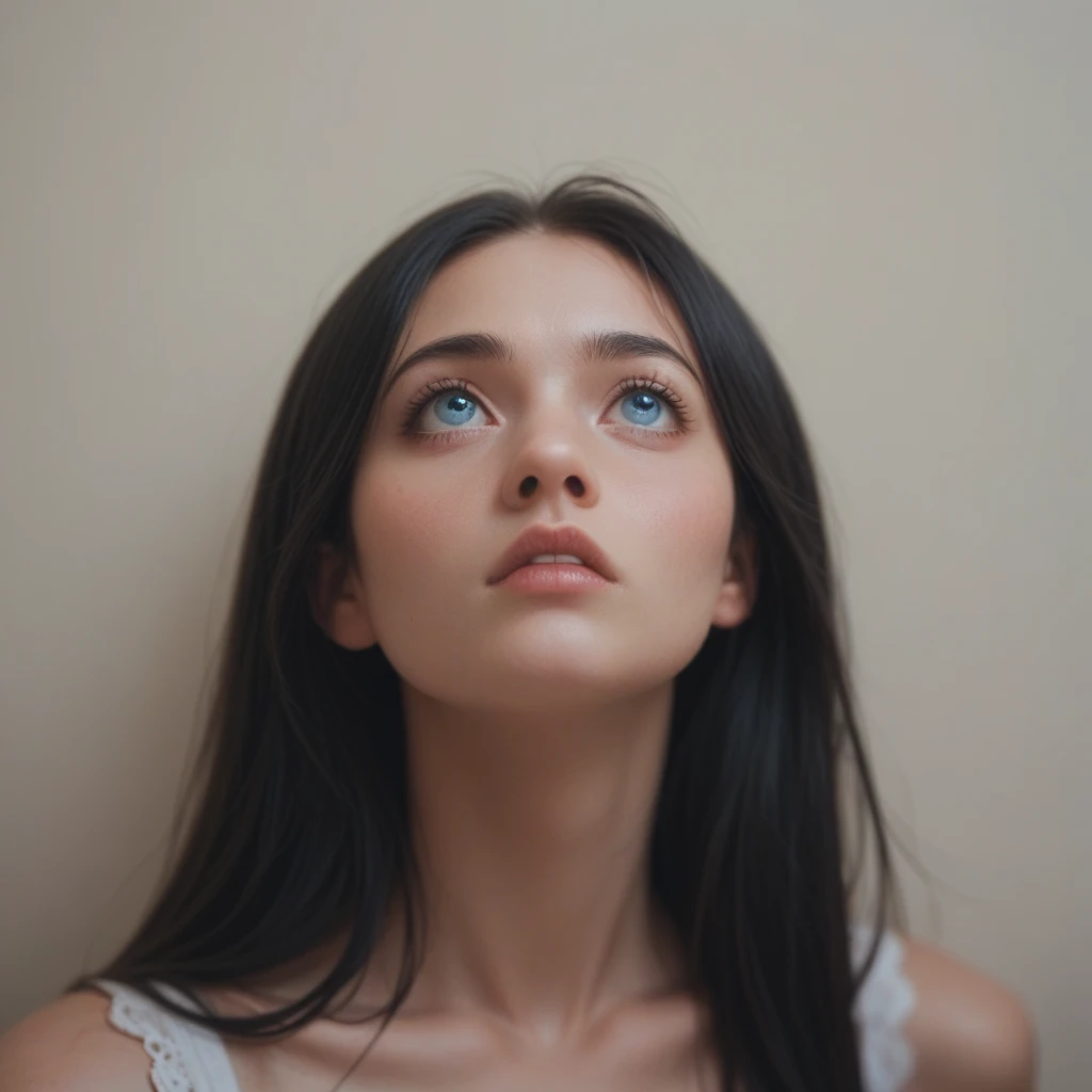 best quality, masterpiece, black hair, blue eyes, looking up, upper body
