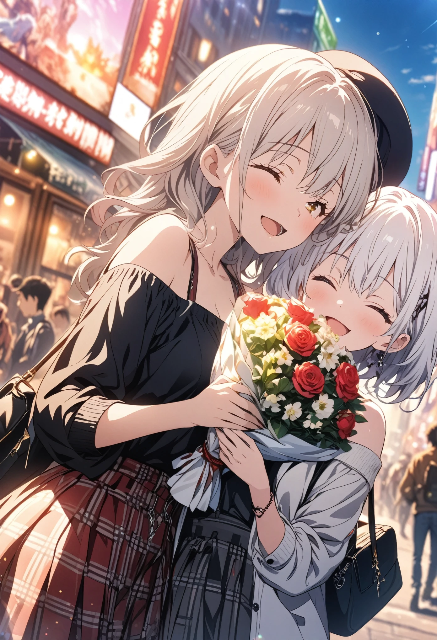 Two Girls, Holding a colorful bouquet, masterpiece, Highest quality, Highly detailed CG Unity 8K wallpapers, High School Girl Anime Illustration, wearing off-the-shoulder clothes, She is wearing a red and black checked skirt.., She closes her eyes and opens her mouth wide, smile. white hair color, Yellow Eyes, Bokeh, Street Style Fashion, Wear a hat, Shoulder bag included, Lens flare, The Rising Sun, Pink Sky, The background is the cityscape, Bokeh photo, (Soft Focus): 1.2, Out of focus highlights, Dreamy atmosphere, Fascinating Depth
