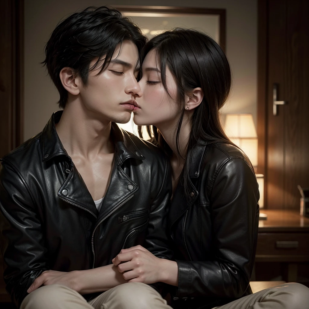 A tall Japanese anime man with short black wolf haircut, closed eyes, small black ear gauges, elegant facial features, sharp jawline, muscular build, wearing black leather jacket, jeans, and combat boots, kissing a shorter anime girl with long brown hair, tan skin, eyes closed, blushed cheeks, delicate facial features, frame, wearing a long white shirt with a jeans shorts, moody dramatic lighting, cinematic composition, photorealistic, hyper detailed, side profile.
