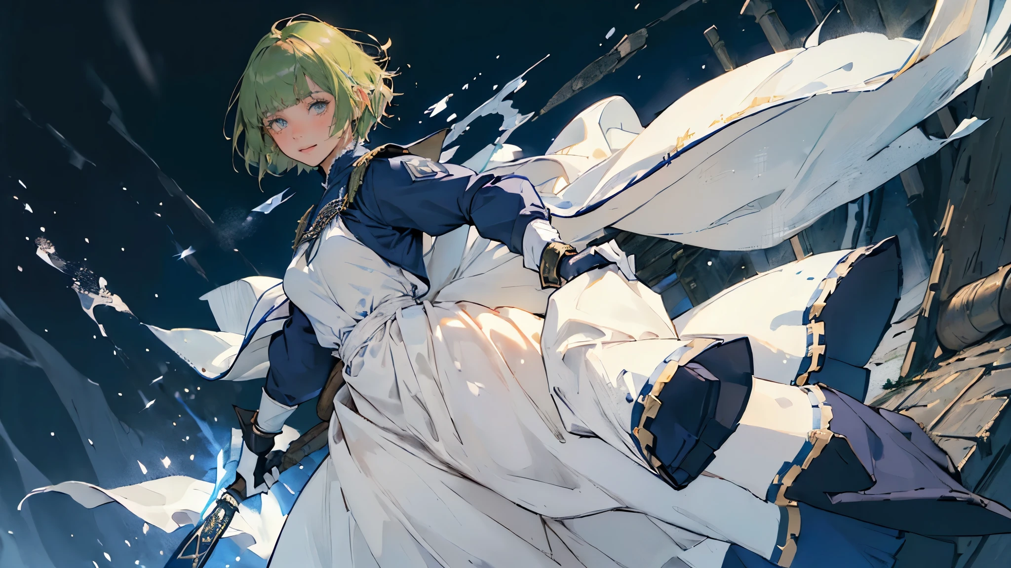 (((((girl))))), masterpiece, ultra detailed, 8K Portrait, Raw photo, woman's portrait photography, full body, Highly detailed face, mischievous childish smile, blush, ((Fantasy)), (((hobbit))), ((Adult)), 45 years old, 110cm, (((ALCHEMIST))), ((tanned skin)), (((greenish white short bob hair))), (((blunt bangs))), hair ornament, (((white silk long cloak))) Fluttering in the wind, (high school dark blue uniform:1.5), long skirt, leather gloves, Midday sun, Hyper realistic, Slender body, by the snowy castle, Ambient lighting, Shadow details, Camera focus on face, strong breeze, Light fog