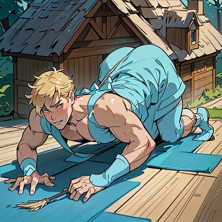 ((A male blond version of cinderella wearing short minimerotic dress)), NSFW, hentai, ((he is obediently cleaning the floor his ass up in the air)), ((artstyle inspired by Ppatta’s hentai yaoi comics)), ((fairytale cottage background)), ((male cinderella)), ((seductive housework)), ((on all his fours cleaning the floor while his elderly step-father watches)),