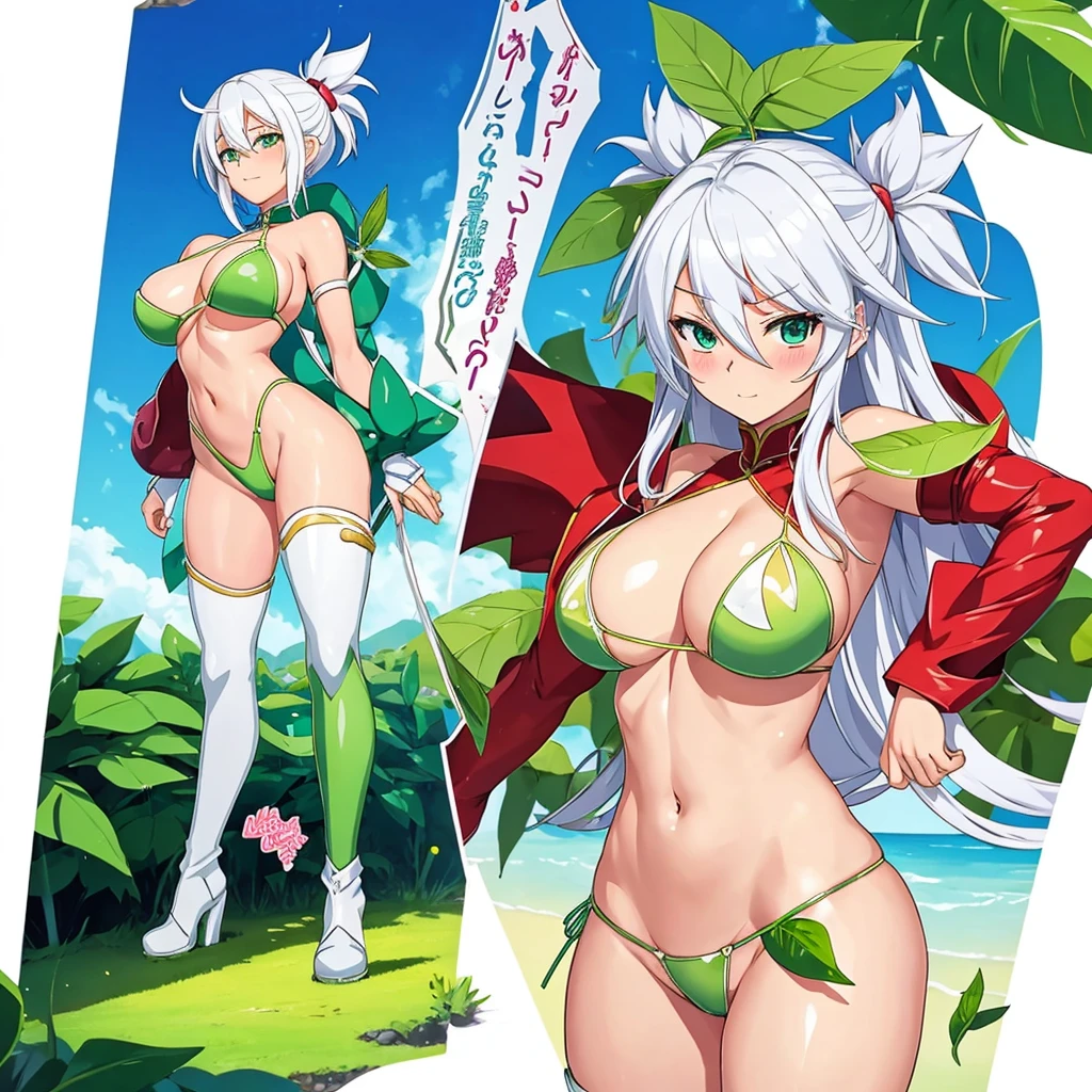 some pretty anime characters fighting over with one another over the top of them a sun blushing lewd face while wearing very tight boots micro leaf bikini, standing an animated figure with white hair holding a leaf and a green leaf behind her is speech bubble