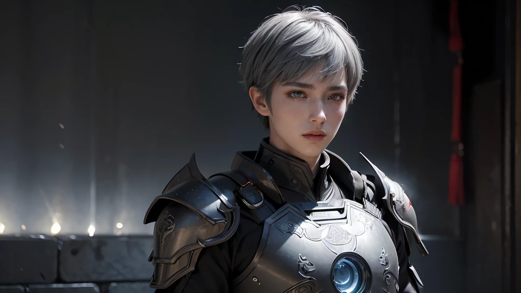 masterpiece,Game Art,Best picture quality,Maximum resolution,8K,(portrait),Unreal Engine 5 rendering works,(Digital Photography),((portrait Feature:1.5)),20-year-old boy,Short hair details,Short bangs,(The red eye makeup is carefully applied),(Has short grey hair:1.4),(Large target, Strong chest muscles),Elegance and nobility,Brave and charming,(The future armor combines the characteristics of Chinese armor,hollow-carved design,Power Armor,Mysterious oriental runes,Exquisite clothing patterns,Magic Flash),Future Warrior,Cyberpunk Characters,War Background,
light，Ray Tracing，Game CG，((3D Unreal Engine))，OC rendering reflection mode