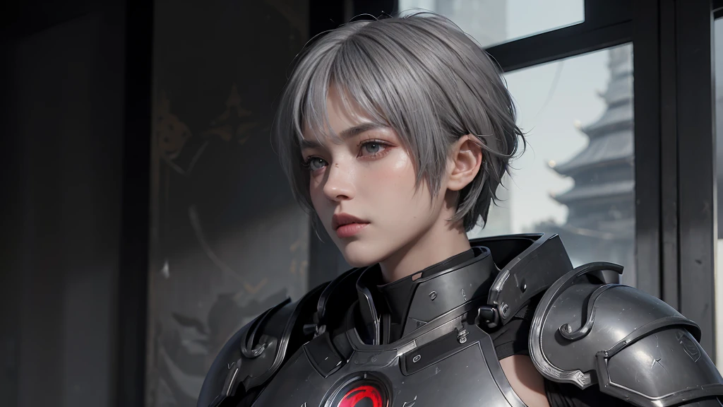 masterpiece,Game Art,Best picture quality,Maximum resolution,8K,(portrait),Unreal Engine 5 rendering works,(Digital Photography),((portrait Feature:1.5)),20-year-old boy,Short hair details,Short bangs,(The red eye makeup is carefully applied),(Has short grey hair:1.4),(Large target, Strong chest muscles),Elegance and nobility,Brave and charming,(The future armor combines the characteristics of Chinese armor,hollow-carved design,Power Armor,Mysterious oriental runes,Exquisite clothing patterns,Magic Flash),Future Warrior,Cyberpunk Characters,War Background,
light,Ray Tracing,Game CG,((3D Unreal Engine)),OC rendering reflection mode
