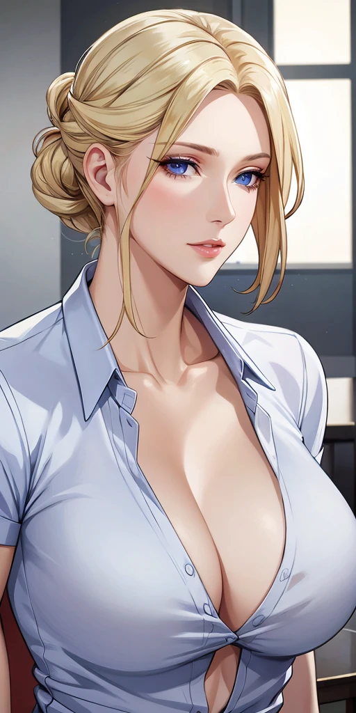 Elegant mature woman, blue eyes, blonde hair, soft light, 4k resolution, high quality, beautiful cg