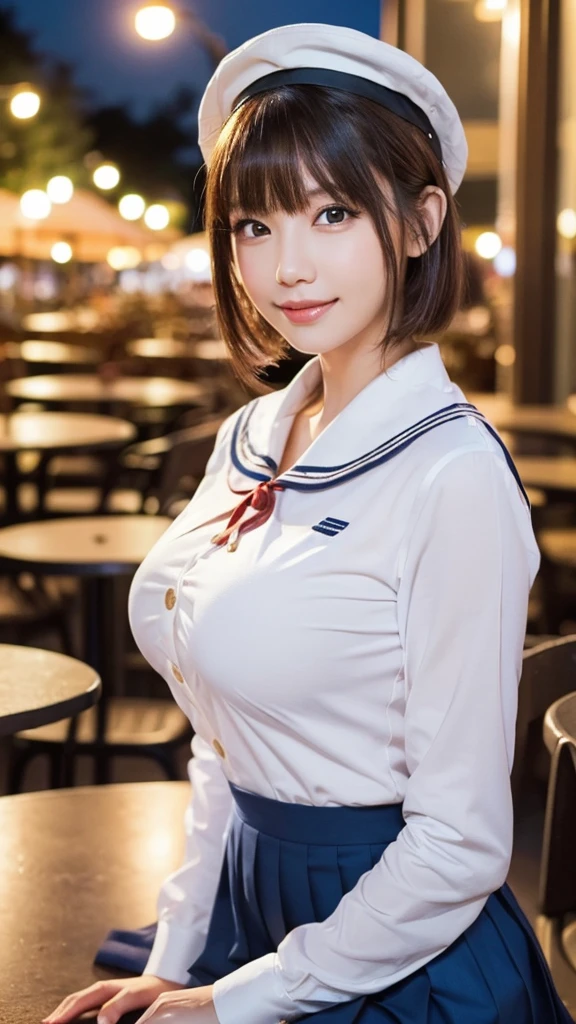 (2 youthful and beautiful women, age 20s, wearing the iconic japanese high , white shirt with buttons, pleated mini-skirt, red neck collar ribbon, serafuku, ponytail hair, short hair, bob hair with side bangs, sailor hat, sailor uniform,
BREAK
Friendly Kind smile, beautiful detailed eyes, beautiful detailed lips, extremely detailed eyes and facial features, long eyelashes, natural color lips, ample bosom, huge breasts, cute, natural pose looking at camera, high angle camera shot, sitting in an outdoor cafe,
BREAK
Photorealism, Ultra-realistic, portrait, vivid colors, photo-realistic, UHD, 4k, 8k, ultra-detailed, finely detailed, high resolution, masterpiece, best quality, illustration, perfect dynamic composition, bokeh night background, safe for work, SFW)