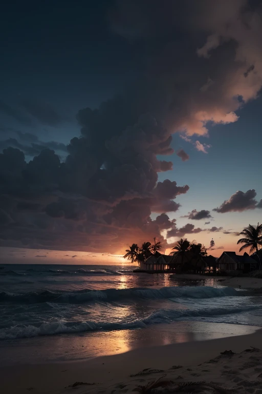 A darkened beach scene at dusk, with the silhouettes of palm trees and a faint plume of smoke rising in the background. The foreground shows a partially destroyed beach resort, with scattered debris and broken windows. Scattered footprints in the sand lead away from the scene, symbolizing panic. Use muted colors like deep blues, grays, and hints of red to evoke a somber and tragic mood.