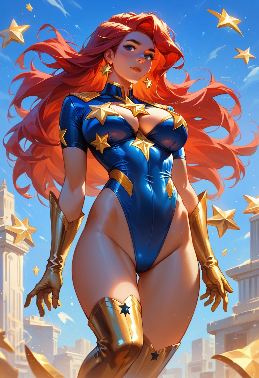 masterpiece, , Superheroine, Red hair, long hair, busty, ((blue highleg leotard with a t-back  and a gold star insignia on )), gold boots, gold gloves,