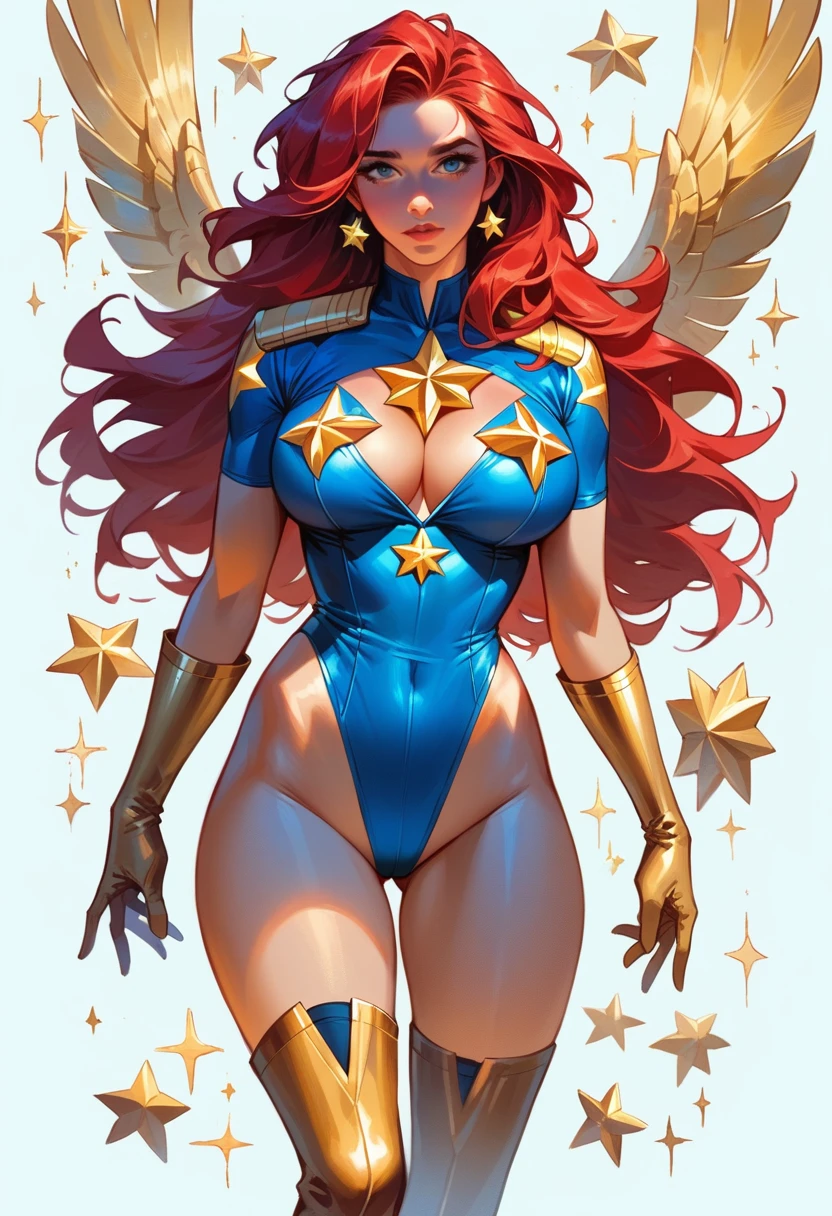 masterpiece, Sexy, Superheroine, Red hair, long hair, busty, ((blue highleg leotard with a t-back thong and a gold star insignia on chest)), gold boots, gold gloves,