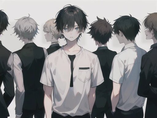 (Masterpiece), (Best Quality), Very detailed, (( 7 Friends:1.5)), Perfect Face, Beautiful Face, Very detail, (short Black-haired man), (short Silver-haired man), (short Blonde-haired man), (short Dark-curly haired man), (short Golden-haired man), (short Brown-haired man), (short White-haired man)、white shirt、standing at a distance, facing away from the camera