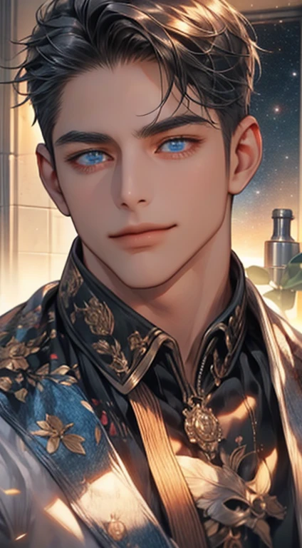(best quality,4k,8k,highres,masterpiece:1.2),ultra-detailed,(realistic,photorealistic,photo-realistic:1.37),1 man,31 years old,mature man,very handsome,without expression,smile,short grey black hair,blue eyes,penetrating gaze,perfect face without errors,imposing posture,businessman,office background,cinematic lighting,hdr image