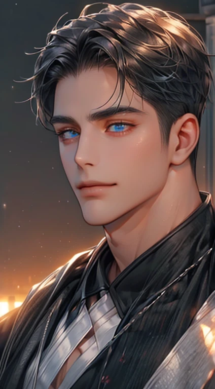 (best quality,4k,8k,highres,masterpiece:1.2),ultra-detailed,(realistic,photorealistic,photo-realistic:1.37),1 man,31 years old,mature man,very handsome,without expression,smile,short grey black hair,blue eyes,penetrating gaze,perfect face without errors,imposing posture,businessman,office background,cinematic lighting,hdr image